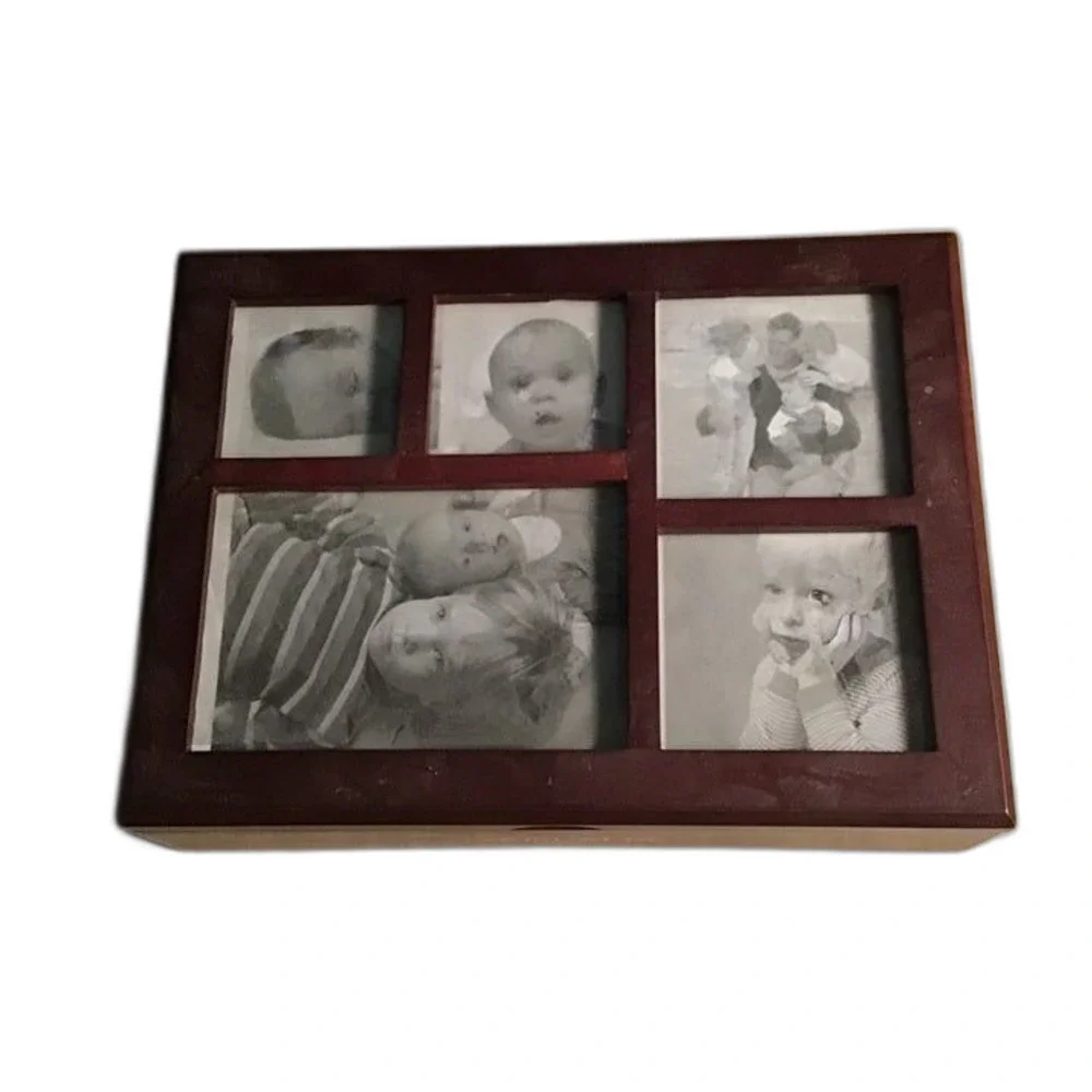 Vintage Mahogany Finish 5-Photo Collage Memory Box Wooden Keepsake Chest